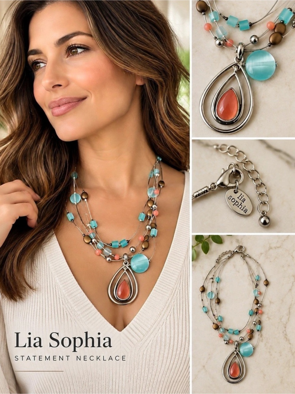 Lia Sophia Statement 2 Layered Necklace Aqua Coral - Turquoise & Silver